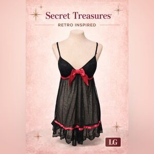 Secret Treasures Black Sheer Babydoll Chemise LG Red Bow Sequin